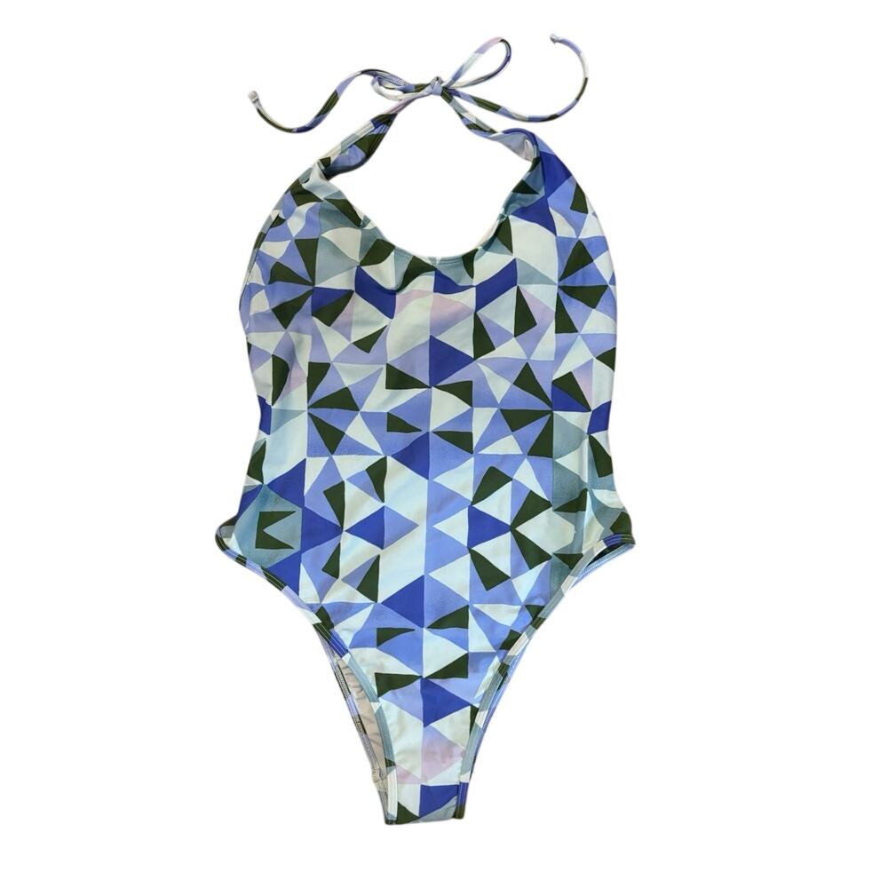 NWOT Aerie Blue Green Geometric One Piece Halter Swimsuit Medium